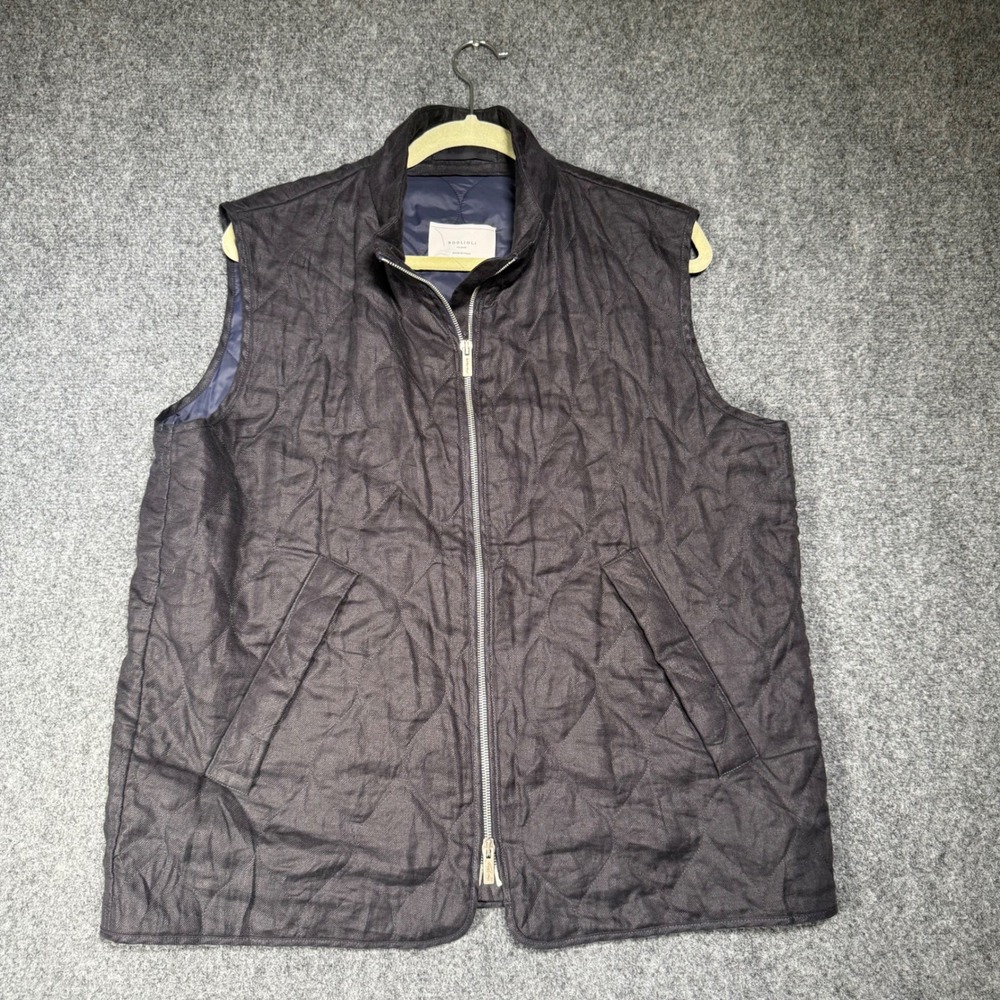Boglioli Milano Quilted Gilet Vest Mens 44 100% Linen Gray Navy Made in Italy